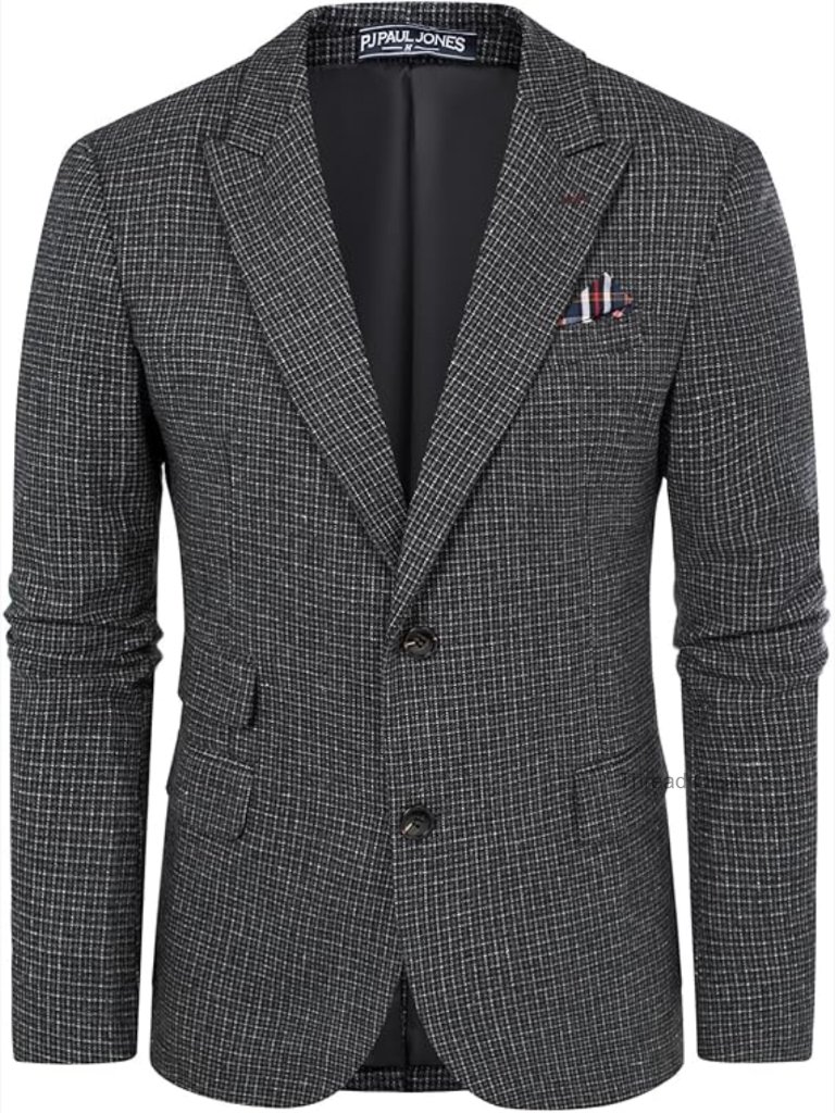Men's Herringbone Tweed Blazer - Long Sleeve Peak Lapel Sport Coat Two Button
